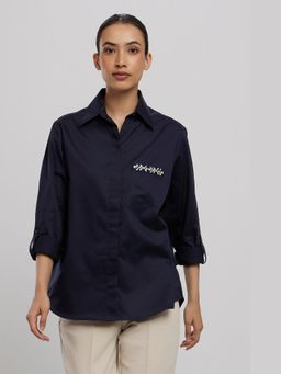 Pallavi Swadi - Navy Swarovski Flower Strip Shirt