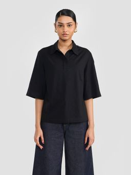 Perona - Black Alisha Cotton Collar Neck Solid/Plain Polo T-Shirt