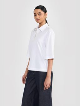 Perona - Off White Alisha Cotton Collar Neck Solid/Plain Polo T-Shirt