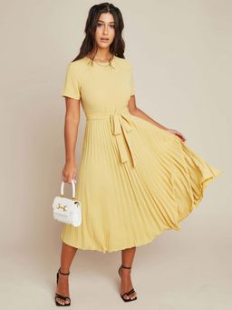 Styli - Beige Self Tie Belt Pleated A-line Midi Dress (Set of 2)