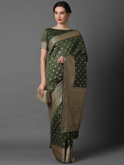 Akhilam - Green Wedding Silk Blend Woven Design Saree with Unstitched