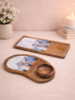 Golden Peacock - Wooden Serving Tray Set with Bowl (2 Trays + 1 Bowl)