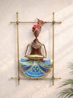 Golden Peacock - Handcrafted Blue Ethnic Musician Metal Wall Hanging Art