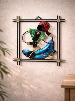 Golden Peacock - Multicolour Handcrafted Veena Musician Metal Wall Art Decor