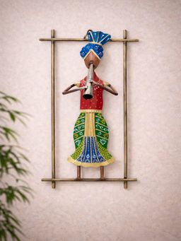 Golden Peacock - Handcrafted Metal Shehnai Musician Wall Art Multicolour Ethnic Decor
