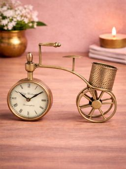 Golden Peacock - Handcrafted Vintage Metal Cycle Tabletop Decor Clock Showpiece