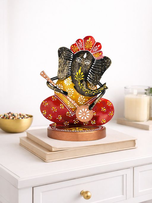 Golden Peacock Handcrafted Red & Yellow Ganesha Metal Idol Decor Showpiece