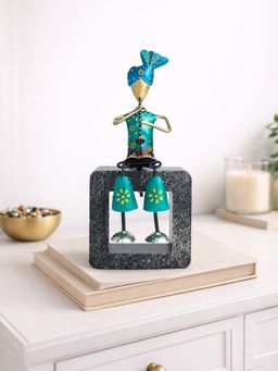 Golden Peacock - Handcrafted Green & Blue Metal Musician Figurine Table Decor Showpiece