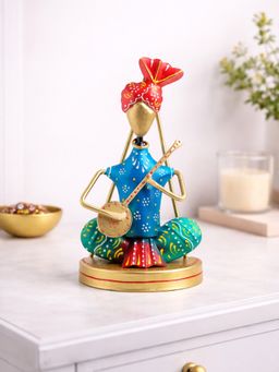 Golden Peacock - Handcrafted Blue & Green Metal Musician Figurine Table Decor Showpiece