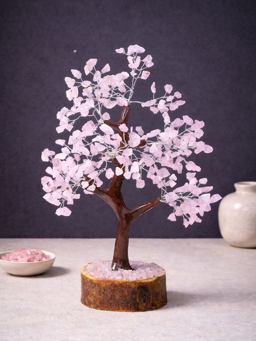 Golden Peacock Handcrafted Pink Crystal Stone Tree Decor Showpiece