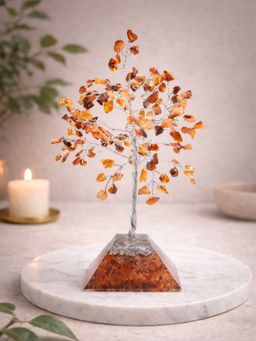 Golden Peacock - Handcrafted Orange Agate Stone & Crystal Wish Tree Decor Showpiece