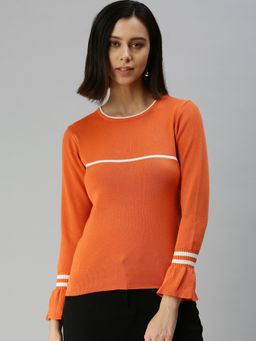 SHOWOFF - Women Round Neck Solid Orange Regular Top
