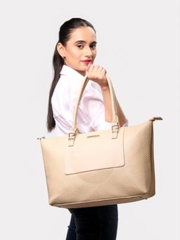 Caprese - Fiona Self Design Beige Faux Leather Large Tote Handbag (L)