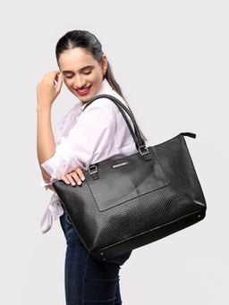 Caprese - Fiona Self Design Black Faux Leather Large Tote Handbag (L)