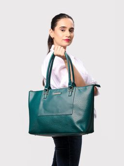 Caprese - Fiona Self Design Teal Faux Leather Large Tote Handbag (L)