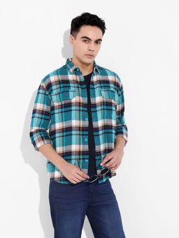 The Indian Garage Co - Men Blue Checked Collar Full Sleeves Overshirt