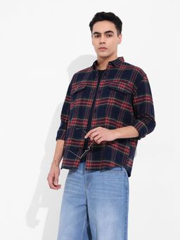 The Indian Garage Co - Men Navy Blue Checked Collar Full Sleeves Overshirt
