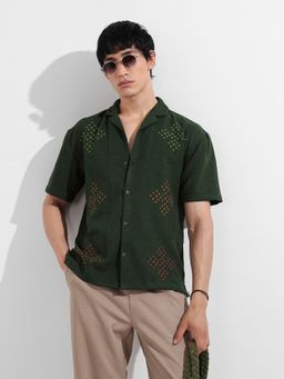 The Indian Garage Co - Men Green Solid Notched Lapel Collar Half Sleeves Shirt