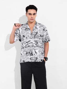 The Indian Garage Co - Men Black Justice League Printed Notched Lapel Collar Half Sleeves Shirt