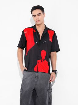 The Indian Garage Co - Men Red Batman Printed Notched Lapel Collar Half Sleeves Shirt