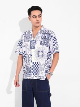 The Indian Garage Co - Men Blue Printed Notched Lapel Collar Half Sleeves Shirt