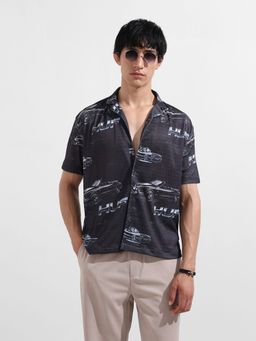 The Indian Garage Co - Men Black Printed Notched Lapel Collar Half Sleeves Shirt
