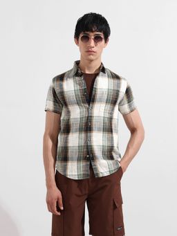 The Indian Garage Co - Men Cream Slim Fit Checked Collar Half Sleeves Shirt