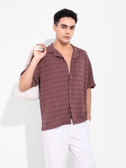 The Indian Garage Co - Men Red Textured Notched Lapel Collar Half Sleeves Shirt