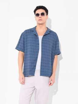 The Indian Garage Co - Men Blue Textured Notched Lapel Collar Half Sleeves Shirt