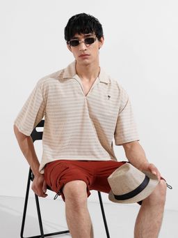 The Indian Garage Co - Men Beige Oversized Textured Collar Half Sleeves Polo T-Shirt