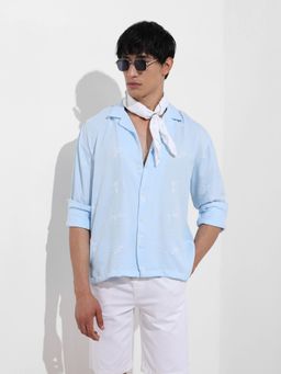 The Indian Garage Co - Men Blue Embroidered Notched Lapel Collar Full Sleeves Shirt