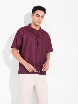 The Indian Garage Co - Men Maroon Textured Notched Lapel Collar Half Sleeves Shirt