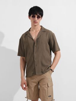 The Indian Garage Co - Men Green Textured Notched Lapel Collar Half Sleeves Shirt