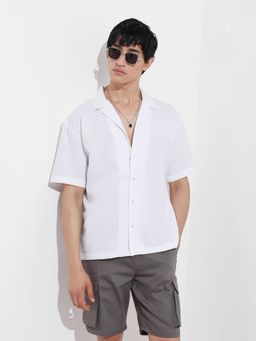 The Indian Garage Co - Men White Textured Notched Lapel Collar Half Sleeves Shirt