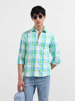 The Indian Garage Co - Men Green Slim Fit Checked Collar Full Sleeves Shirt