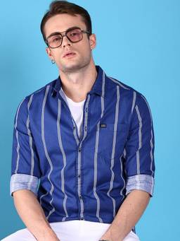 The Indian Garage Co - Men Blue Slim Fit Striped Collar Full Sleeves Shirt