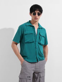 The Indian Garage Co - Men Teal Solid Collar Half Sleeves Shirt