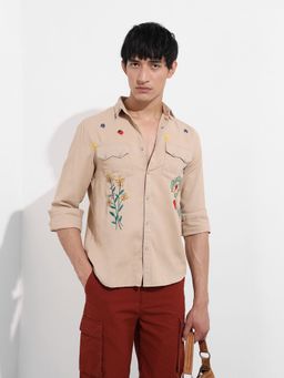 The Indian Garage Co - Men Khaki Floral Printed Collar Full Sleeves Shirt