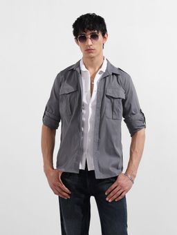 The Indian Garage Co - Men Grey Solid Collar Full Sleeves Shirt