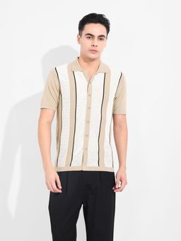 The Indian Garage Co - Men Beige Slim Fit Textured Polo Collar Half Sleeves Shirt