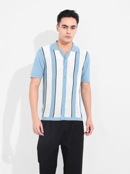 The Indian Garage Co - Men Blue Slim Fit Textured Polo Collar Half Sleeves Shirt