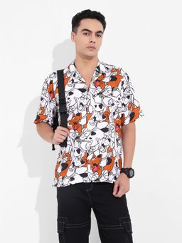 The Indian Garage Co - Men White Scooby-Doo Printed Notched Lapel Collar Half Sleeves Shirt