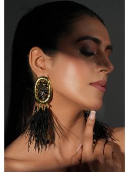 Bijoux by Priya Chandna - Black Feather Oval Earrings