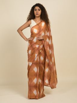 Suta - Tan and White Handcrafted Shibori Pure Cotton Saree