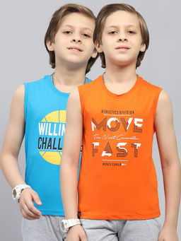 Monte Carlo - Boys Orange & Blue Printed Round Neck Sleeveless T-Shirt (Pack of 2)