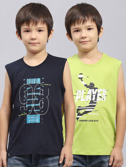 Monte Carlo - Boys Navy Blue & Green Printed Round Neck Sleeveless T-Shirt (Pack of 2)