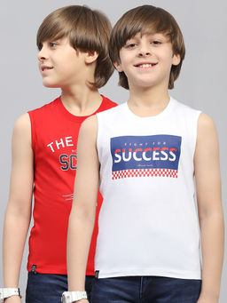 Monte Carlo - Boys Red & White Printed Round Neck Sleeveless T-Shirt (Pack of 2)