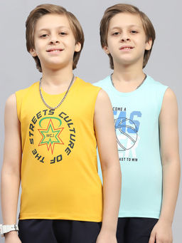 Monte Carlo - Boys Mustard & Blue Printed Round Neck Sleeveless T-Shirt (Pack of 2)
