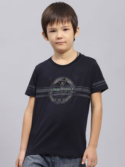 Monte Carlo - Boys Navy Blue Printed Round Neck Half Sleeve T-Shirt