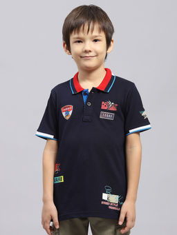 Monte Carlo - Boys Navy Blue Printed Collar Neck Half Sleeve Polo T-Shirt